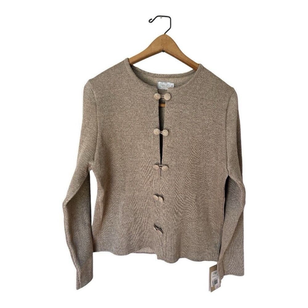 Natural Style Cardigan Sweater Linen Fabric Weave Embellished Button‎  NWT M